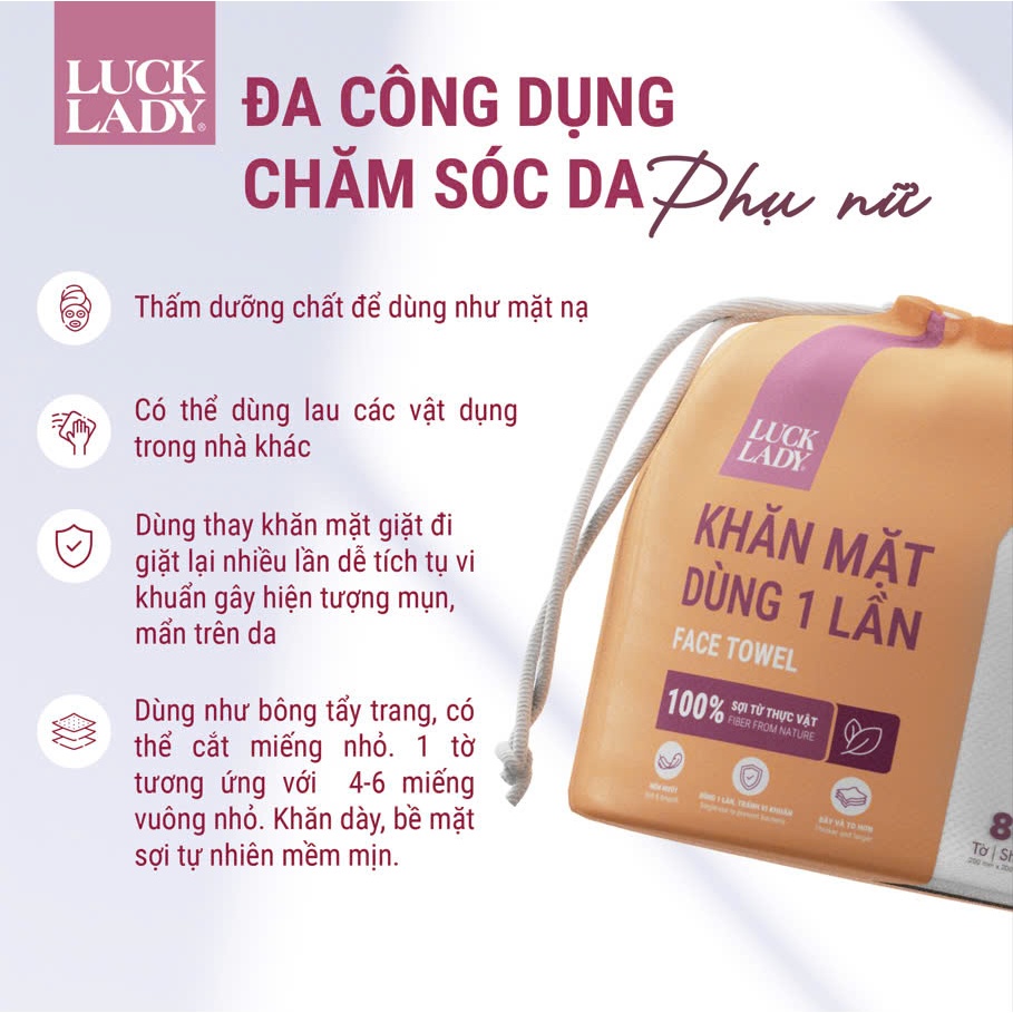 [MUA 3 TẶNG 5] MUA 3 túi khăn giấy, khăn mặt dùng một lần Luck Lady 80 tờ TẶNG 5 gói khăn ướt Luck Lady mini 10 tờ