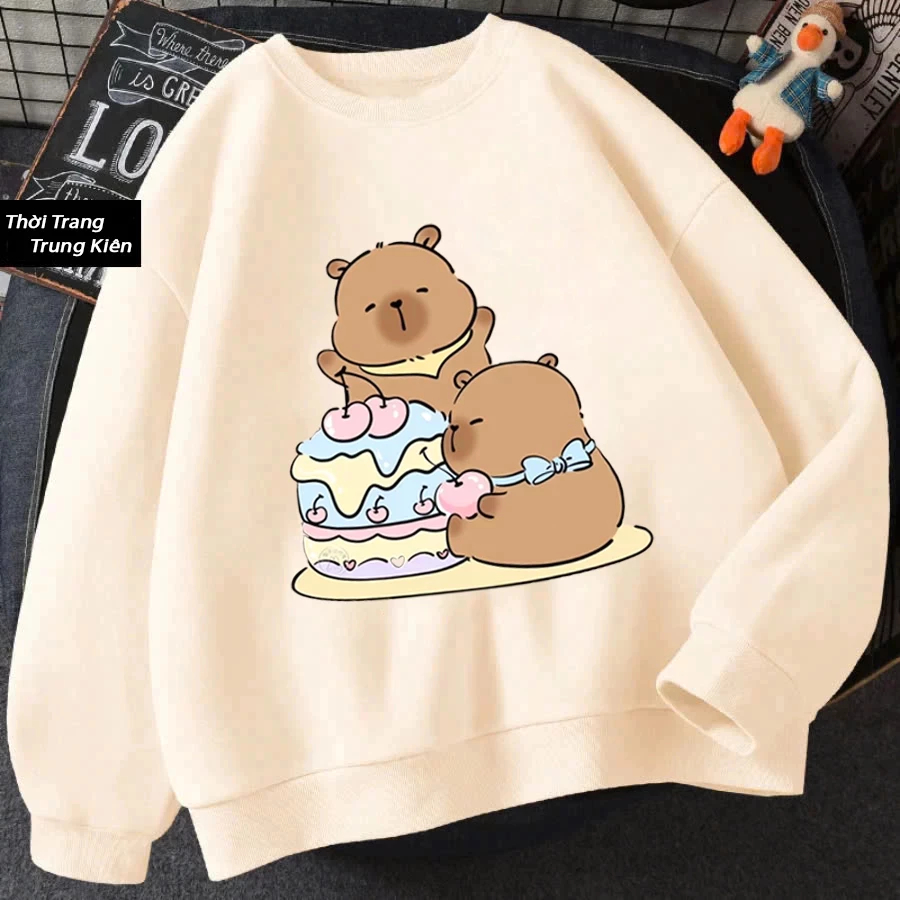 Áo Sweater Thích Hợp Mặc Vào Thu Đông, Chất Vải Nỉ Cotton Hình CapyBara Ôm Bánh Kem Siêu Yêu (M 119)