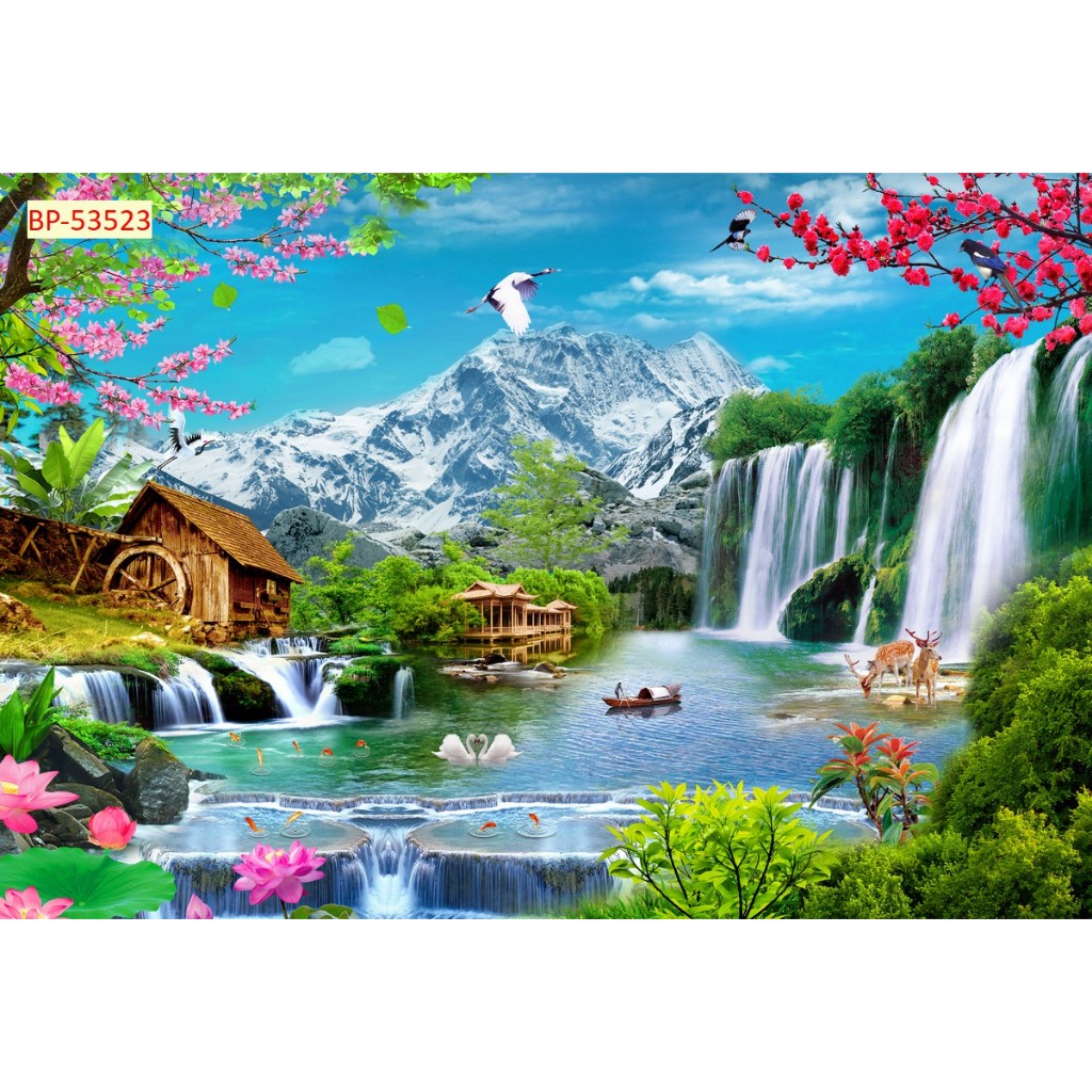 Tranh thiên nhiên thác nước sơn thủy mẫu tranh dán tường