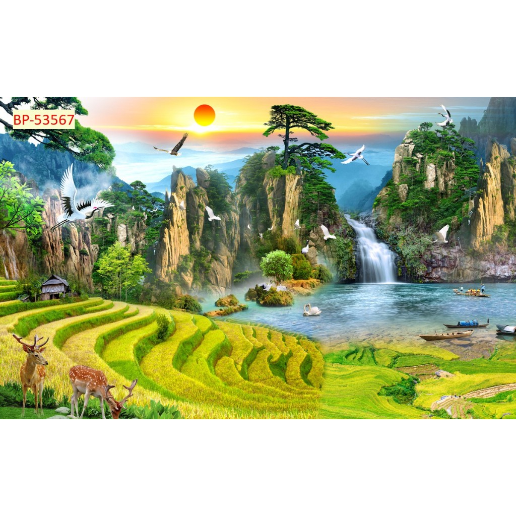 Tranh thiên nhiên thác nước sơn thủy mẫu tranh dán tường