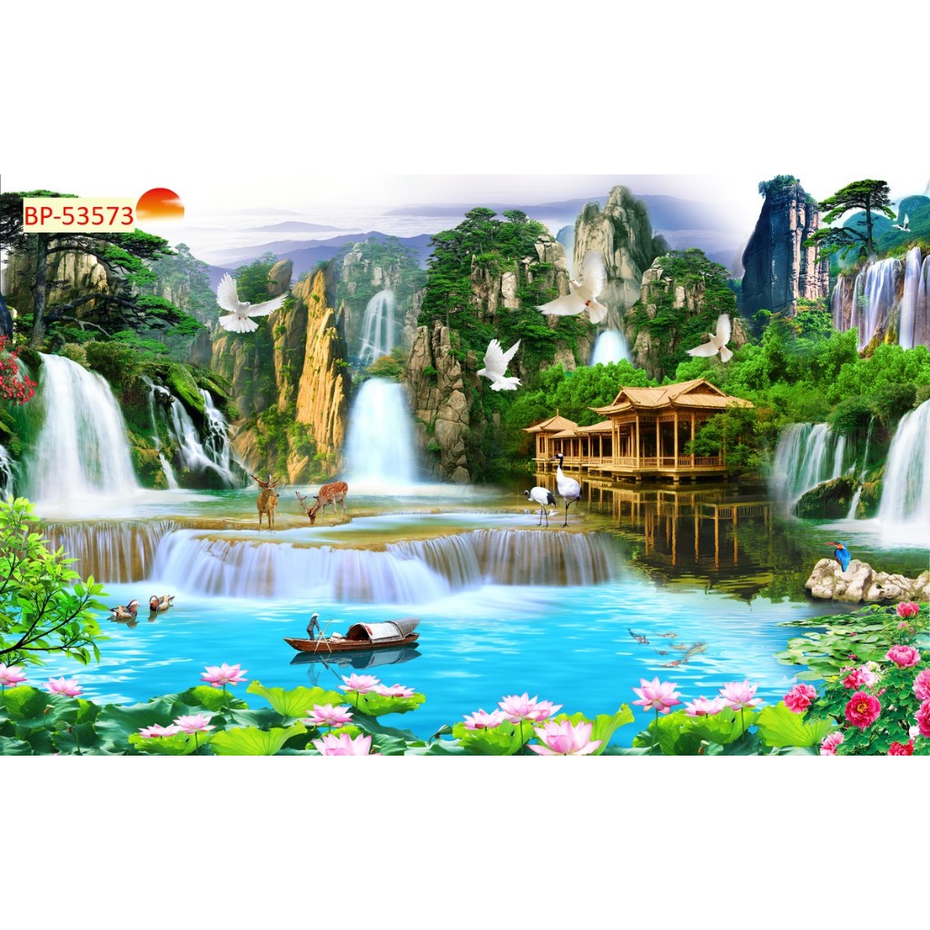 Tranh thiên nhiên thác nước sơn thủy mẫu tranh dán tường