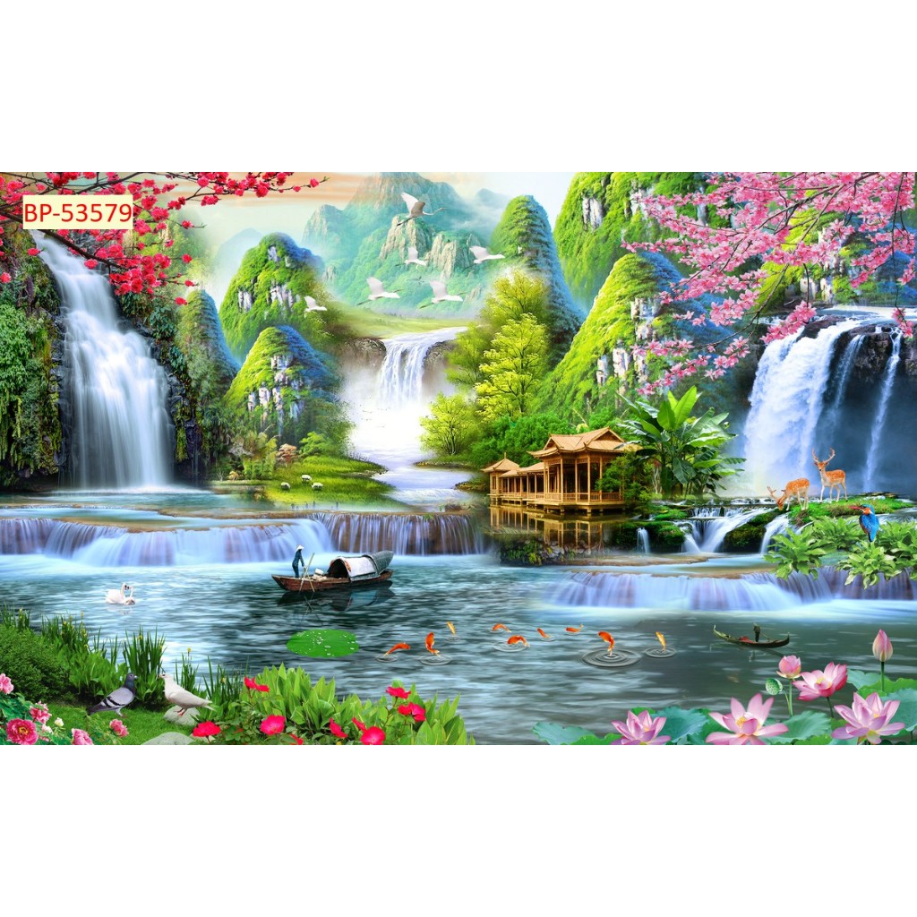 Tranh thiên nhiên thác nước sơn thủy mẫu tranh dán tường
