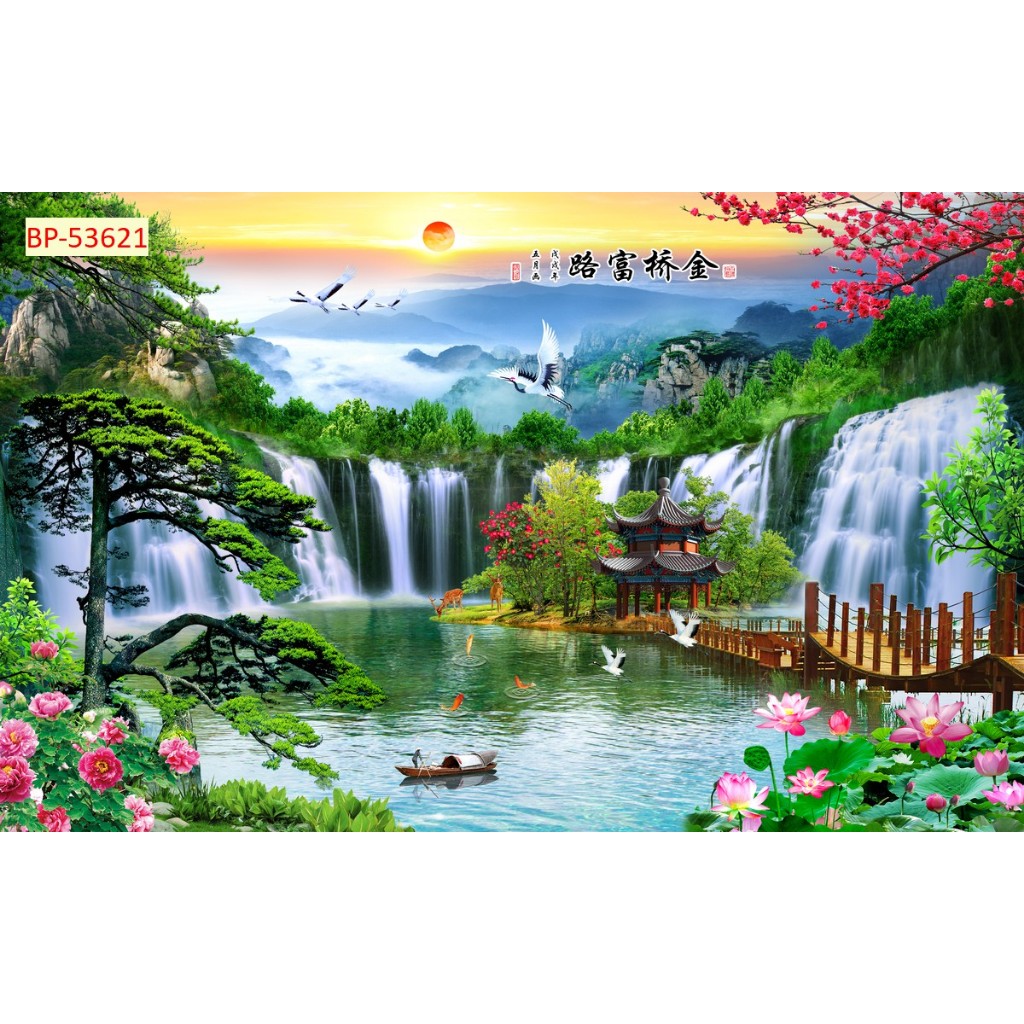Tranh thiên nhiên thác nước sơn thủy mẫu tranh dán tường