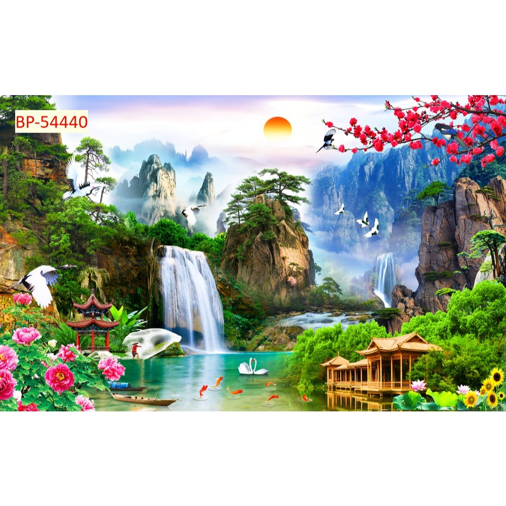 Tranh 3d dán tường mẫu tranh sơn thủy, thác nước...