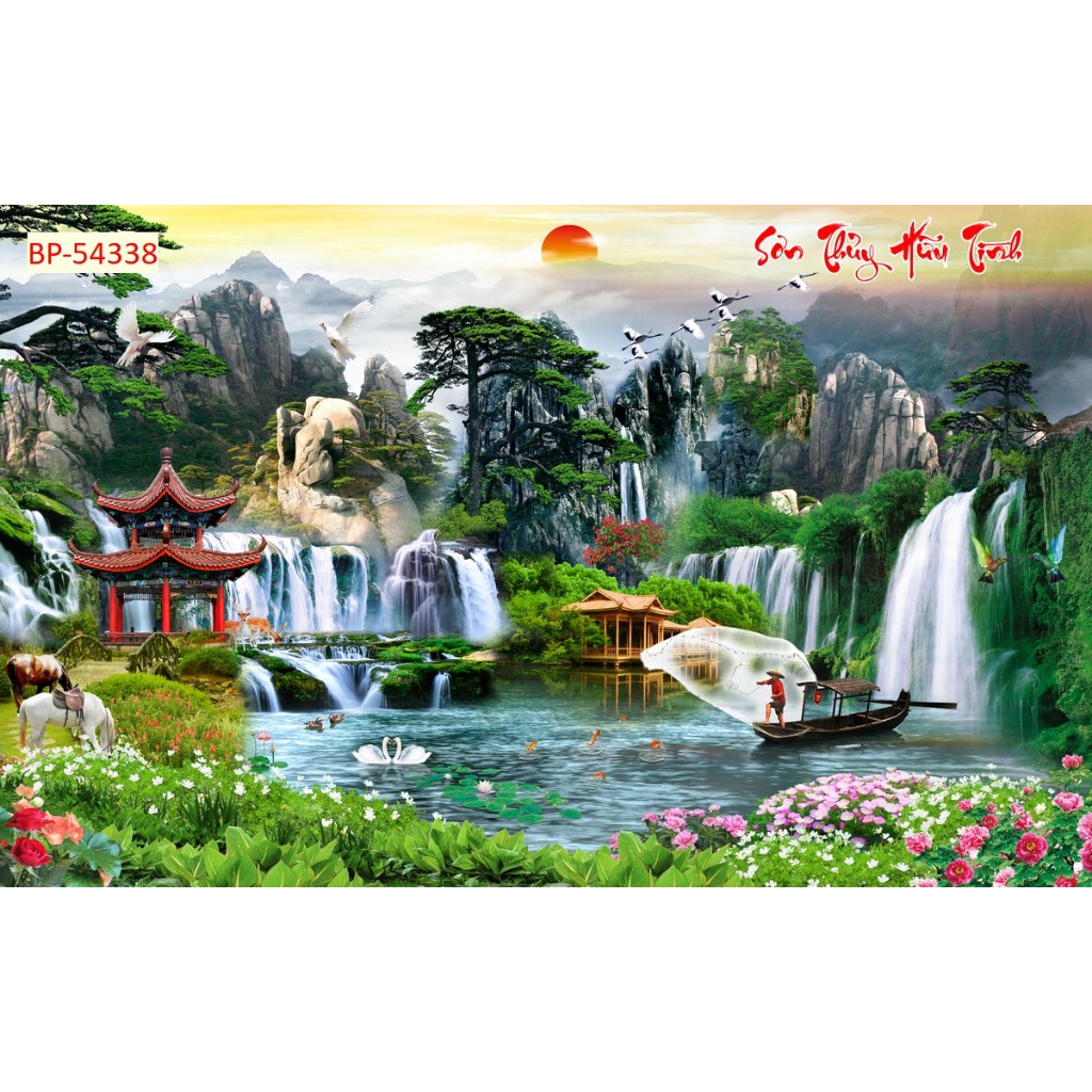 Tranh 3d dán tường mẫu tranh sơn thủy, thác nước...