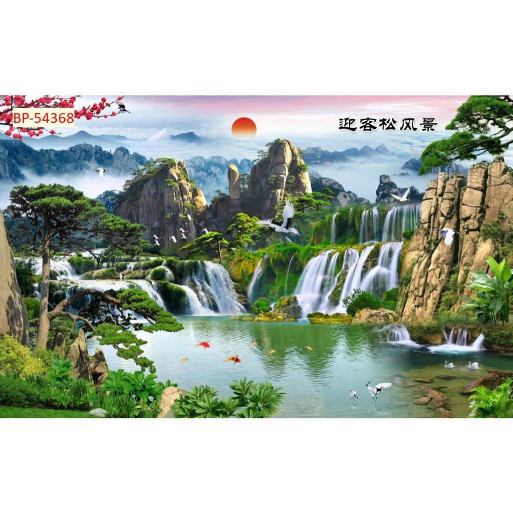 Tranh 3d dán tường mẫu tranh sơn thủy, thác nước...