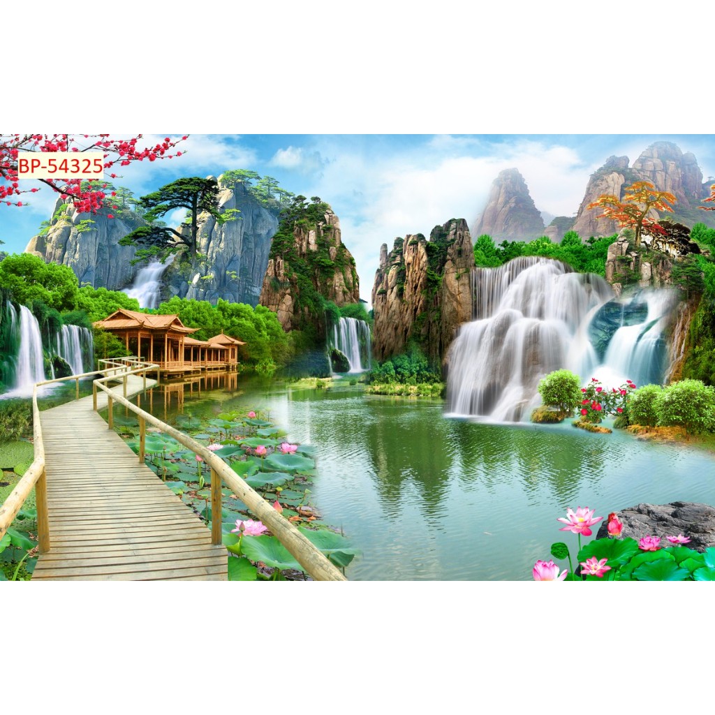 Tranh 3d dán tường mẫu tranh sơn thủy, thác nước...