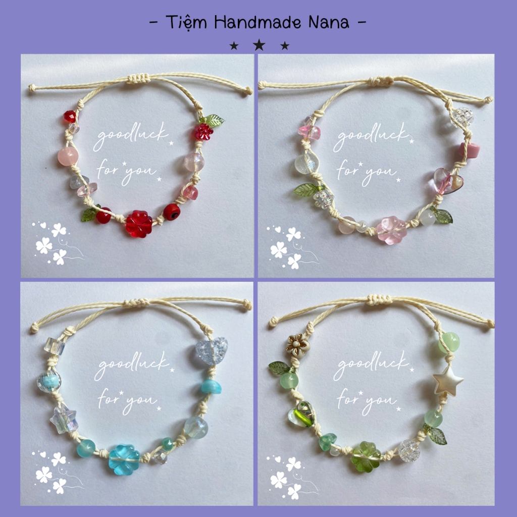 (Sẵn hàng) Vòng tay handmade cỏ 4 lá may mắn, vòng tay handmade dây rút ...