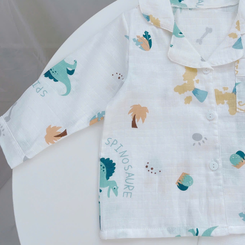 Pijama bé trai bé gái dài tay vải xô Áo Lá Homewear A014, đồ ngủ trẻ em size đại cotton nằm điều hòa bốn mùa