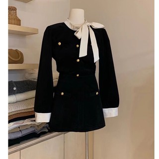 Set Nhung Cổ Nơ Lệch Pha Áo Kèm Chân Váy Ngắn Điệu Đà - Bộ đồ Nhung Nơ Cổ Lệch Dài Tay Tiểu Thư