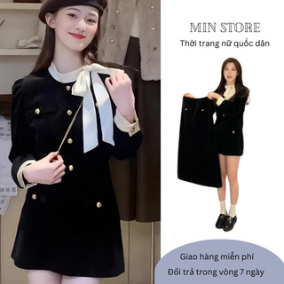 Set Nhung Cổ Nơ Lệch Pha Áo Kèm Chân Váy Ngắn Điệu Đà - Bộ đồ Nhung Nơ Cổ Lệch Dài Tay Tiểu Thư