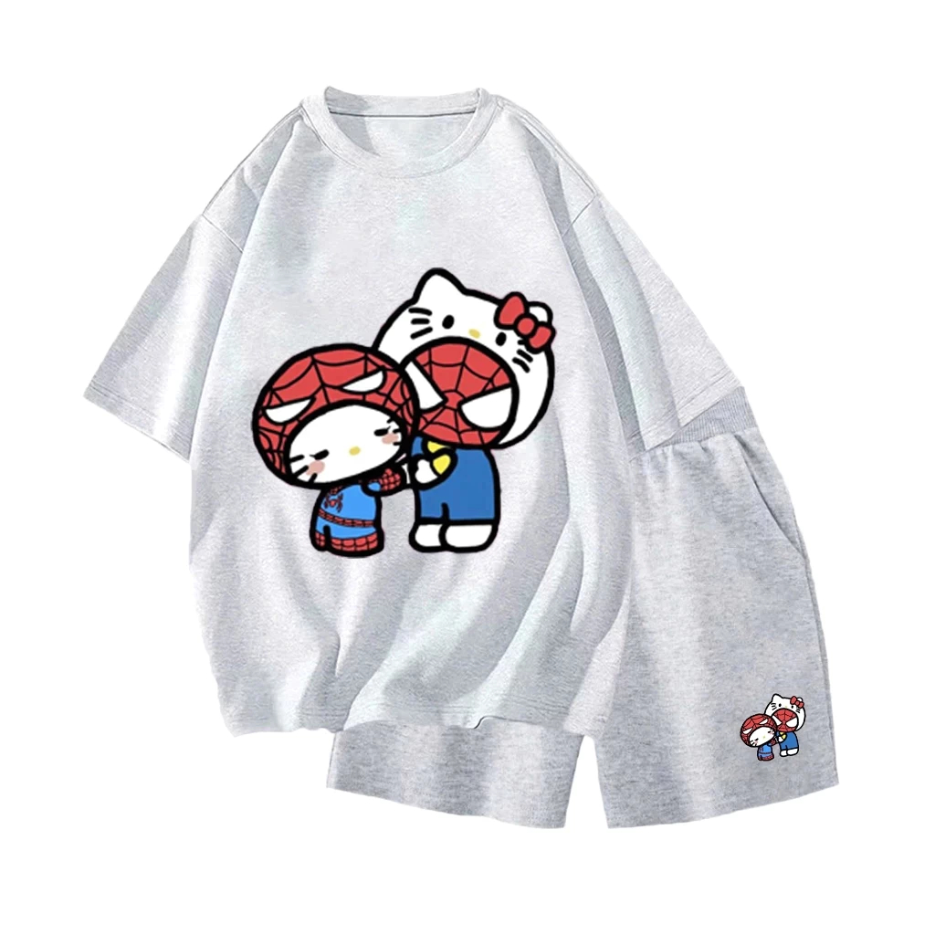 Set Bộ Quần Áo Cộc Tay Chất Vải Thun Cotton Phù Hợp Mặc Vào Mùa Hè, Hình Hello Kitty Và Người Nhện