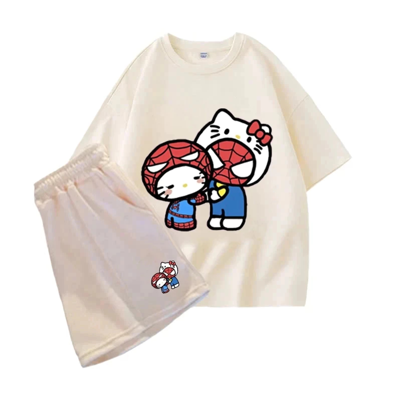 Set Bộ Quần Áo Cộc Tay Chất Vải Thun Cotton Phù Hợp Mặc Vào Mùa Hè, Hình Hello Kitty Và Người Nhện