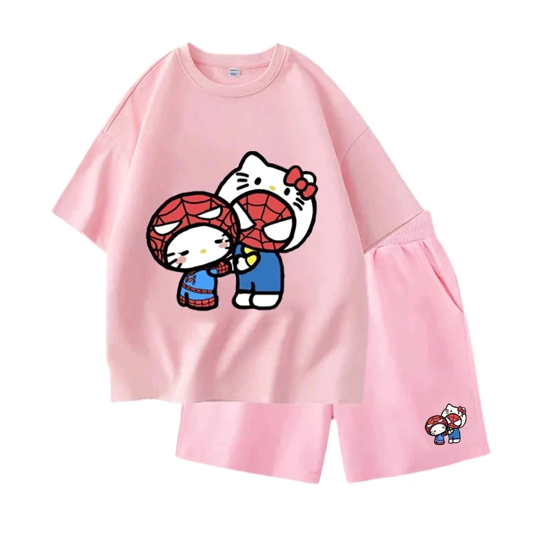 Set Bộ Quần Áo Cộc Tay Chất Vải Thun Cotton Phù Hợp Mặc Vào Mùa Hè, Hình Hello Kitty Và Người Nhện