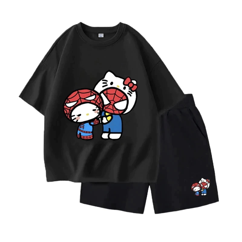 Set Bộ Quần Áo Cộc Tay Chất Vải Thun Cotton Phù Hợp Mặc Vào Mùa Hè, Hình Hello Kitty Và Người Nhện