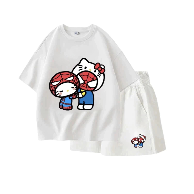 Set Bộ Quần Áo Cộc Tay Chất Vải Thun Cotton Phù Hợp Mặc Vào Mùa Hè, Hình Hello Kitty Và Người Nhện
