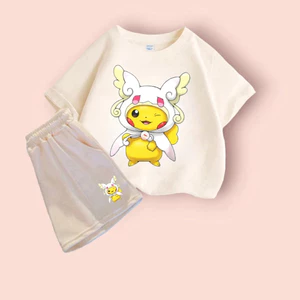 Set Quần Áo Ép Nhiệt Hình Pikachu Áo Choàng Trắng, Chất Liệu Cotton - Phù Hợp Cho Trẻ Nhỏ (M 15)