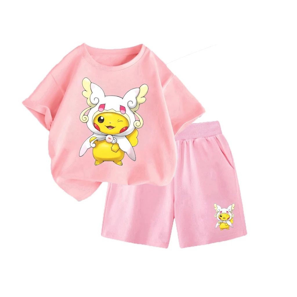 Set Quần Áo Ép Nhiệt Hình Pikachu Áo Choàng Trắng, Chất Liệu Cotton - Phù Hợp Cho Trẻ Nhỏ (M 15)
