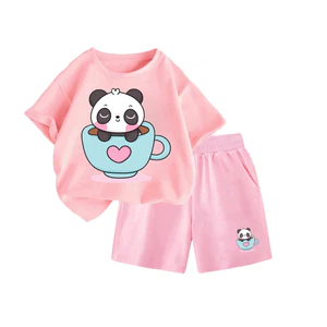 Set Bộ Hè Dành Cho Bé Yêu, Hình Gấu Trúc Và Cốc Cà Phê Dễ Thương Dễ Mặc, Chất Vải Cotton (M 16)