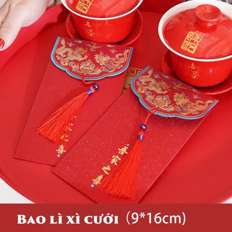 Combo 10 bao lì xì KIM SA ánh nhũ  Kèm Dây Tua Rua Đỏ May Mắn