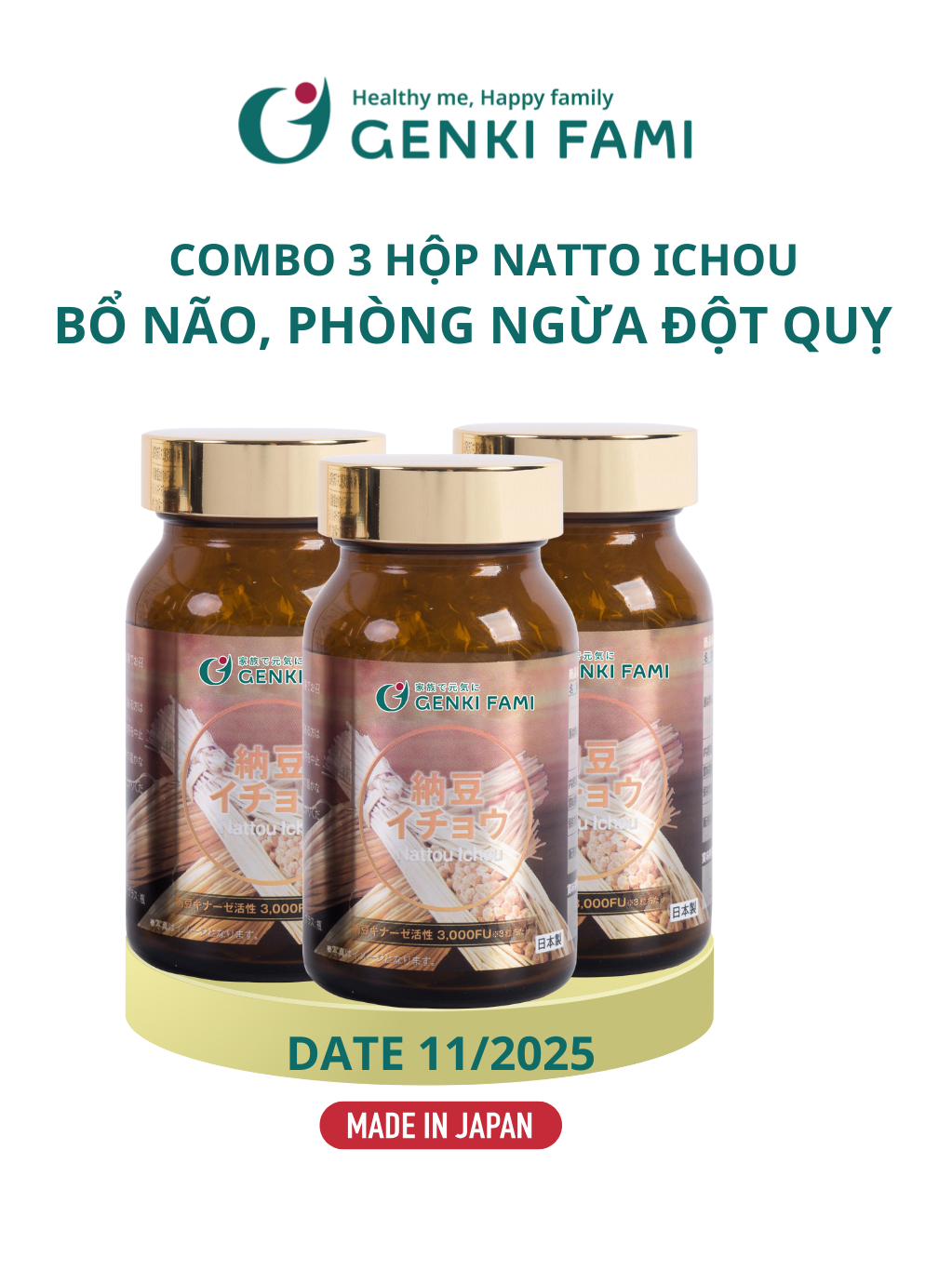 Ảnh Combo Viên Uống Bổ Não, Ngừa Đột Quỵ Tai Biến, Giúp Ngủ Ngon Nattokinase 3000FU Natto Ichou Genki Fami Nhật Bản 1