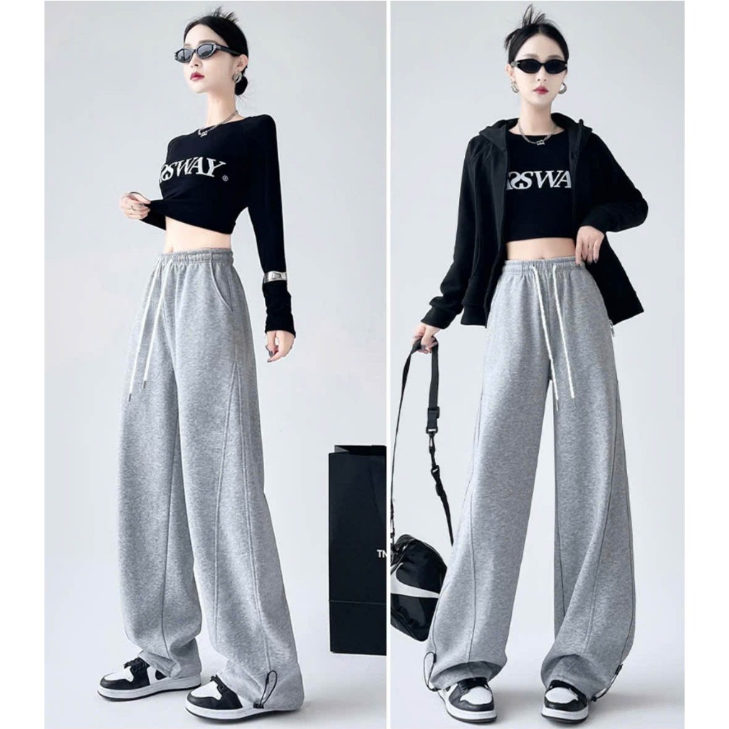 Quần Ống Rộng Nỉ 2 Lớp Cao Cấp Hàng Vải Đẹp Dày Dặn Mặc Ấm From Rộng Dài Thể Thao Hàn Quốc