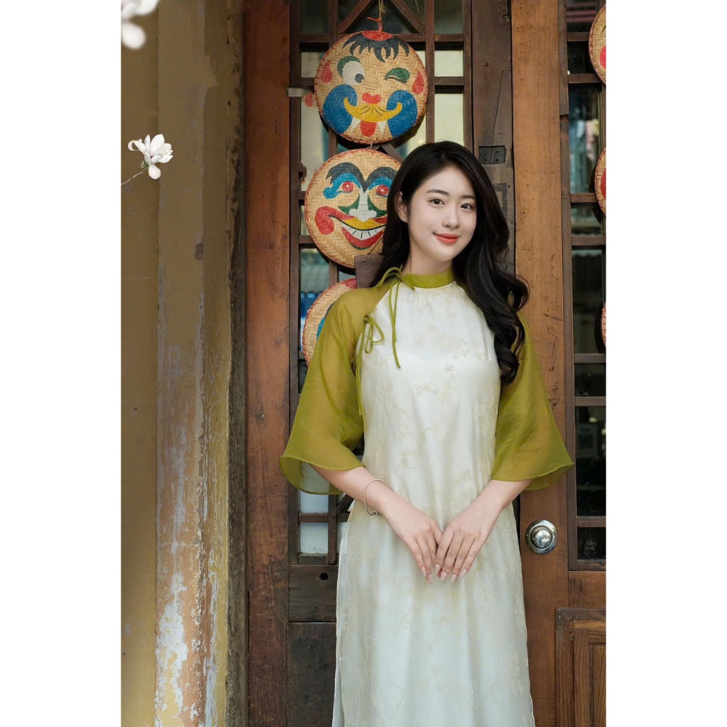 Thời Trang Nữ LASY| Áo Dài Tết Cách Tân Dáng Suông Cổ Lệch Thắt Nơ Tay Phối Quần Ống Rộng AD1005
