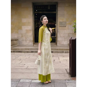 Thời Trang Nữ LASY| Áo Dài Tết Cách Tân Dáng Suông Cổ Lệch Thắt Nơ Tay Phối Quần Ống Rộng AD1005