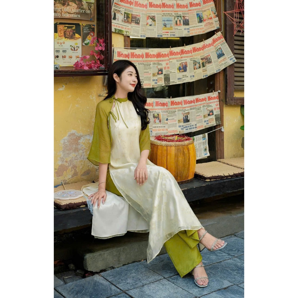 Thời Trang Nữ LASY| Áo Dài Tết Cách Tân Dáng Suông Cổ Lệch Thắt Nơ Tay Phối Quần Ống Rộng AD1005