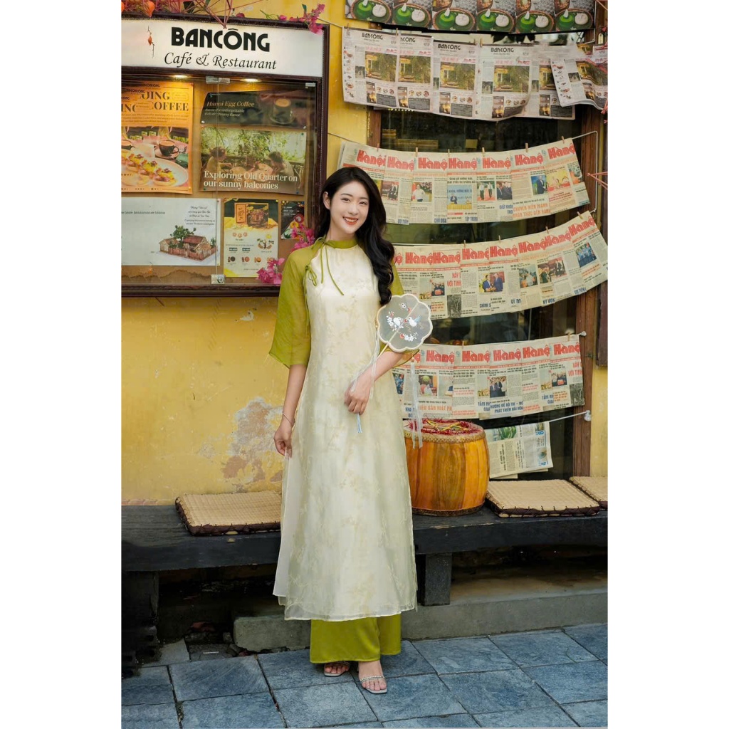 Thời Trang Nữ LASY| Áo Dài Tết Cách Tân Dáng Suông Cổ Lệch Thắt Nơ Tay Phối Quần Ống Rộng AD1005