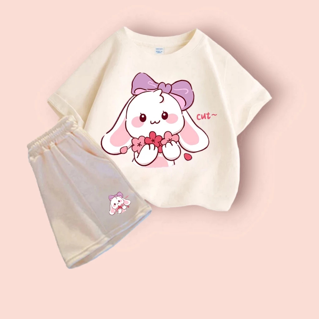 Bộ Quần Áo Trẻ Em Mùa Hè, Chất Vải Cotton Mềm Mịn Co Giãn, Hình Thỏ Nơ Ôm Hoa cut~ Đáng Yêu (M 88)