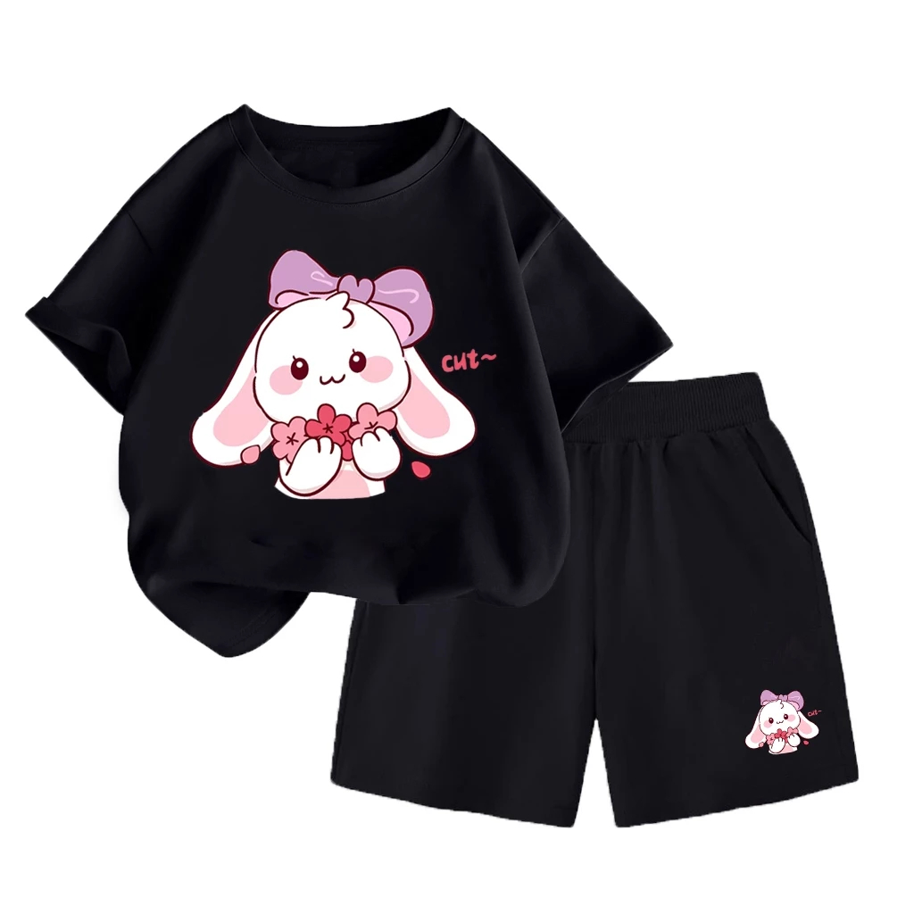 Bộ Quần Áo Trẻ Em Mùa Hè, Chất Vải Cotton Mềm Mịn Co Giãn, Hình Thỏ Nơ Ôm Hoa cut~ Đáng Yêu (M 88)