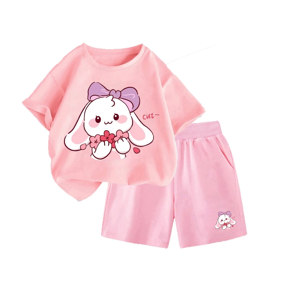 Bộ Quần Áo Trẻ Em Mùa Hè, Chất Vải Cotton Mềm Mịn Co Giãn, Hình Thỏ Nơ Ôm Hoa cut~ Đáng Yêu (M 88)