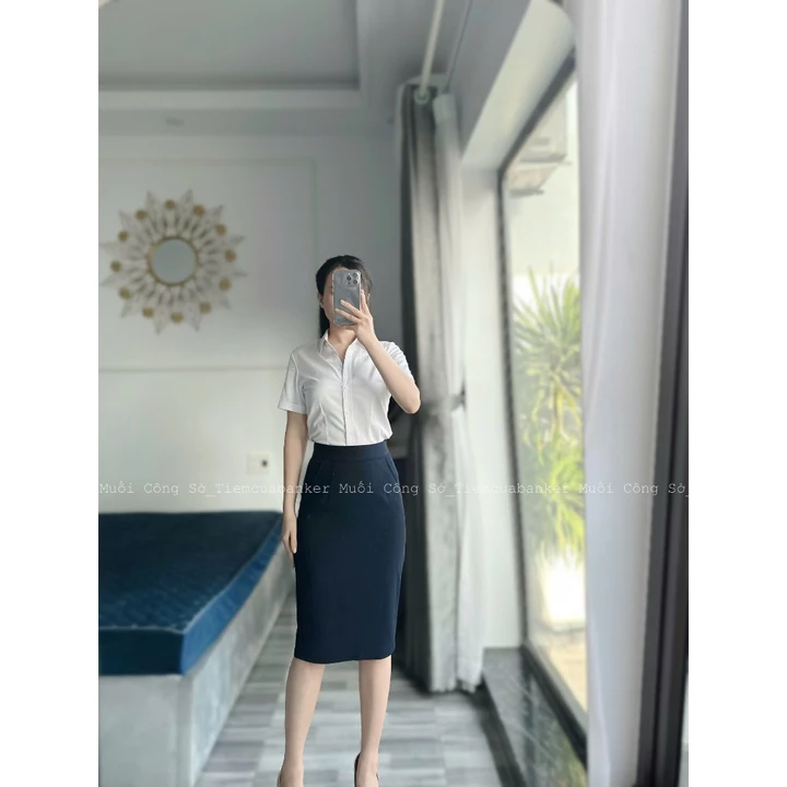 Váy Công Sở Có Túi Và Cạp Eo 1 Lớp, Chân Váy Xanh Đen, Váy Bút Chì Ôm Dáng Size To, Chì Trơn Chất Vải Trượt Co Dãn Nhiều