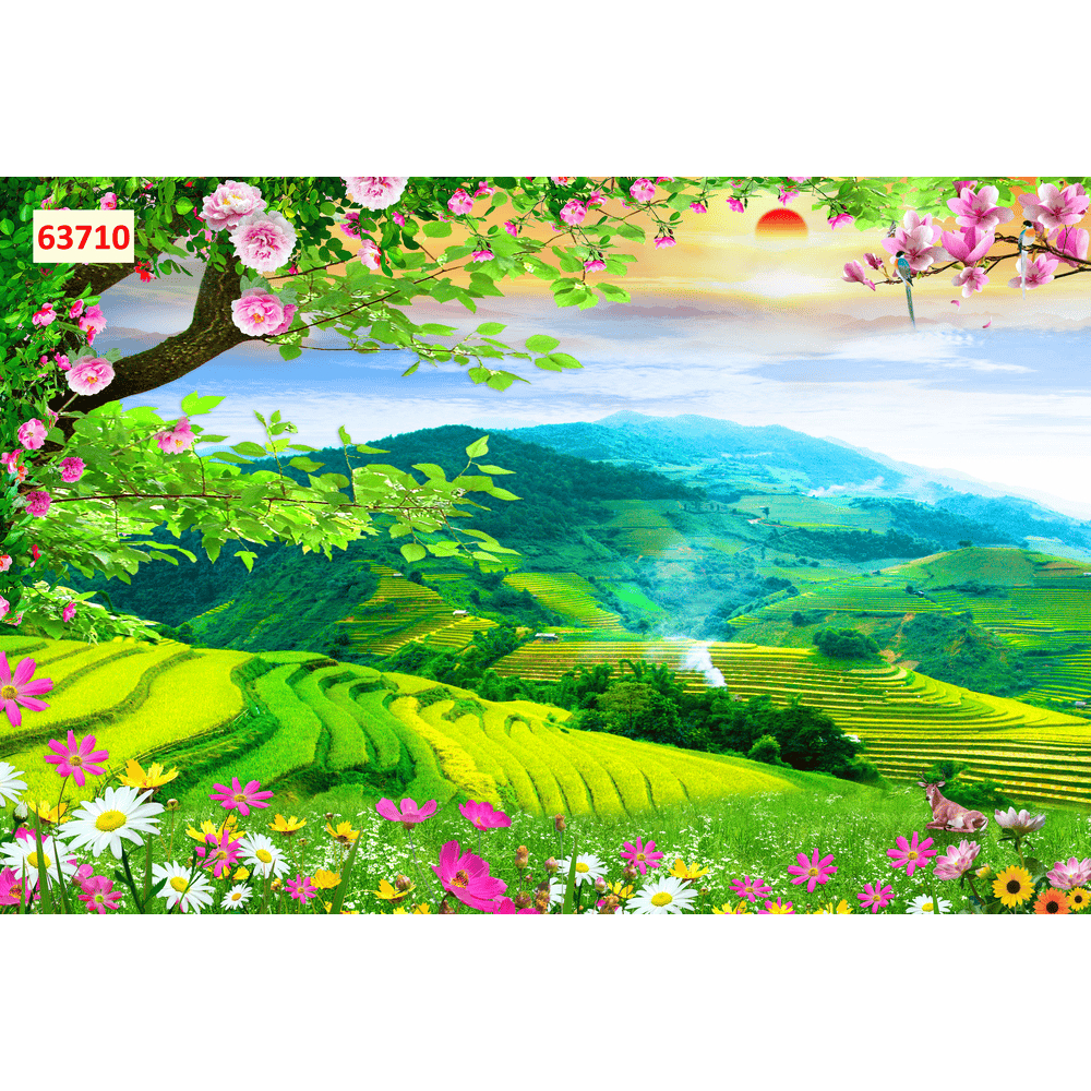 Tranh lụa 3D ruộng bậc thang mẫu mới, kèm keo và dụng cụ dán