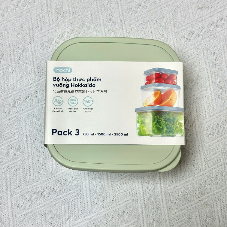 Bộ 3 hộp thực phẩm VUÔNG Inochi Hokkaido (500/1000/2000ml & 750/1500/2500ml), nhựa nguyên sinh an toàn, tiện dụng