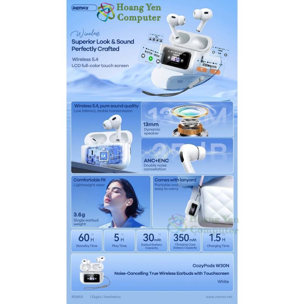 Tai Nghe Bluetooth Remax Cozypods W30N - Màn Hình Điều Khiển, Thời Lượng Pin 5 Giờ - BH 12 Tháng - Hoàng Yến