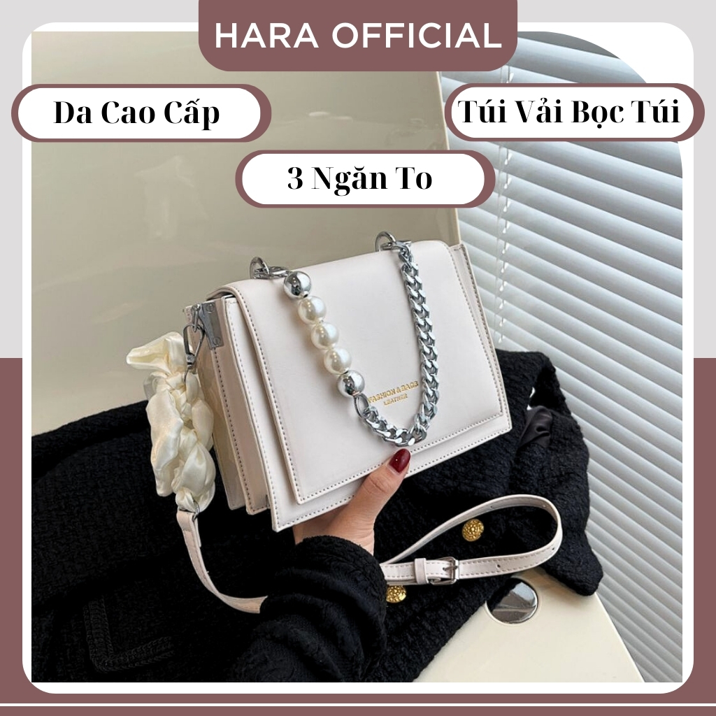 Túi Đeo Chéo, Túi Xách Nữ 2 Ngăn Dây Xích Ngọc Phối Nơ Đi Chơi Sang Trọng, Chất Da PU Cao Cấp HARA BAGS