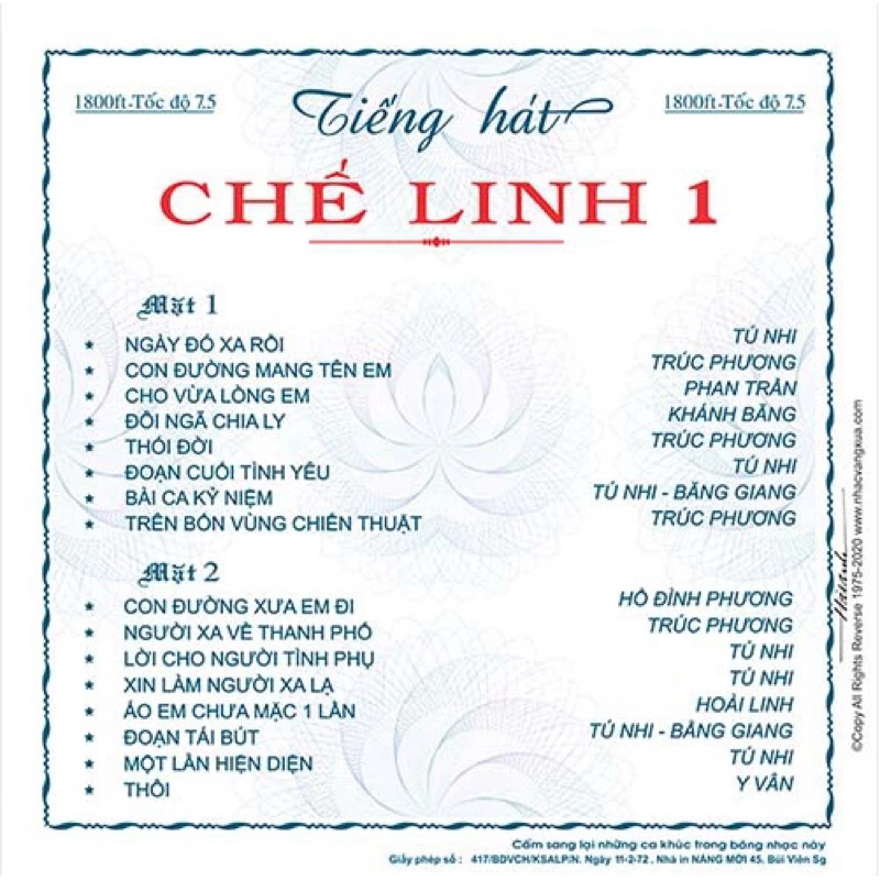 Băng Cassette Tiếng Hát Chế Linh (Thu Âm Trước 75)