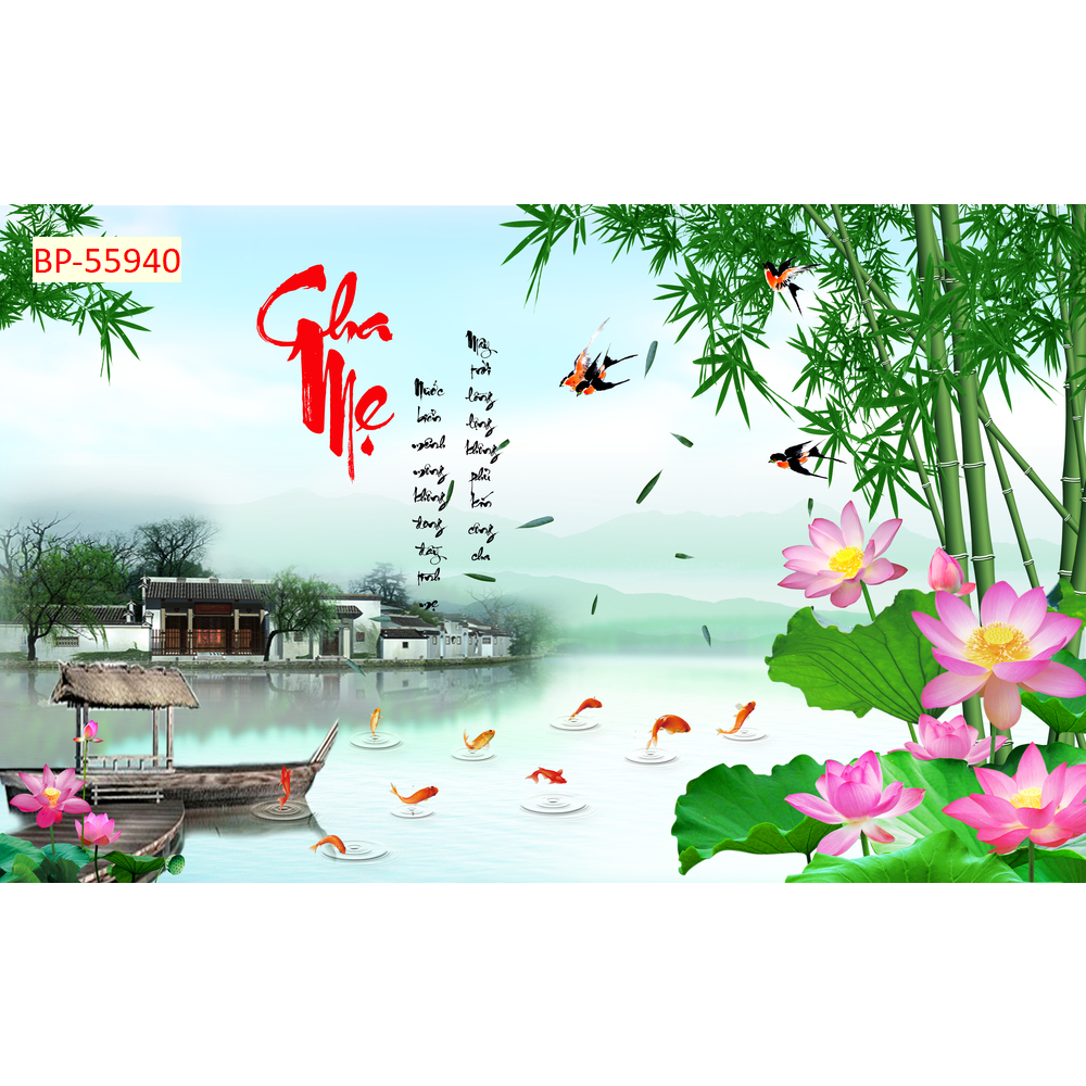 Tranh lụa dán tường thủy mặc, tranh phong cảnh sơn thủy hữu tình