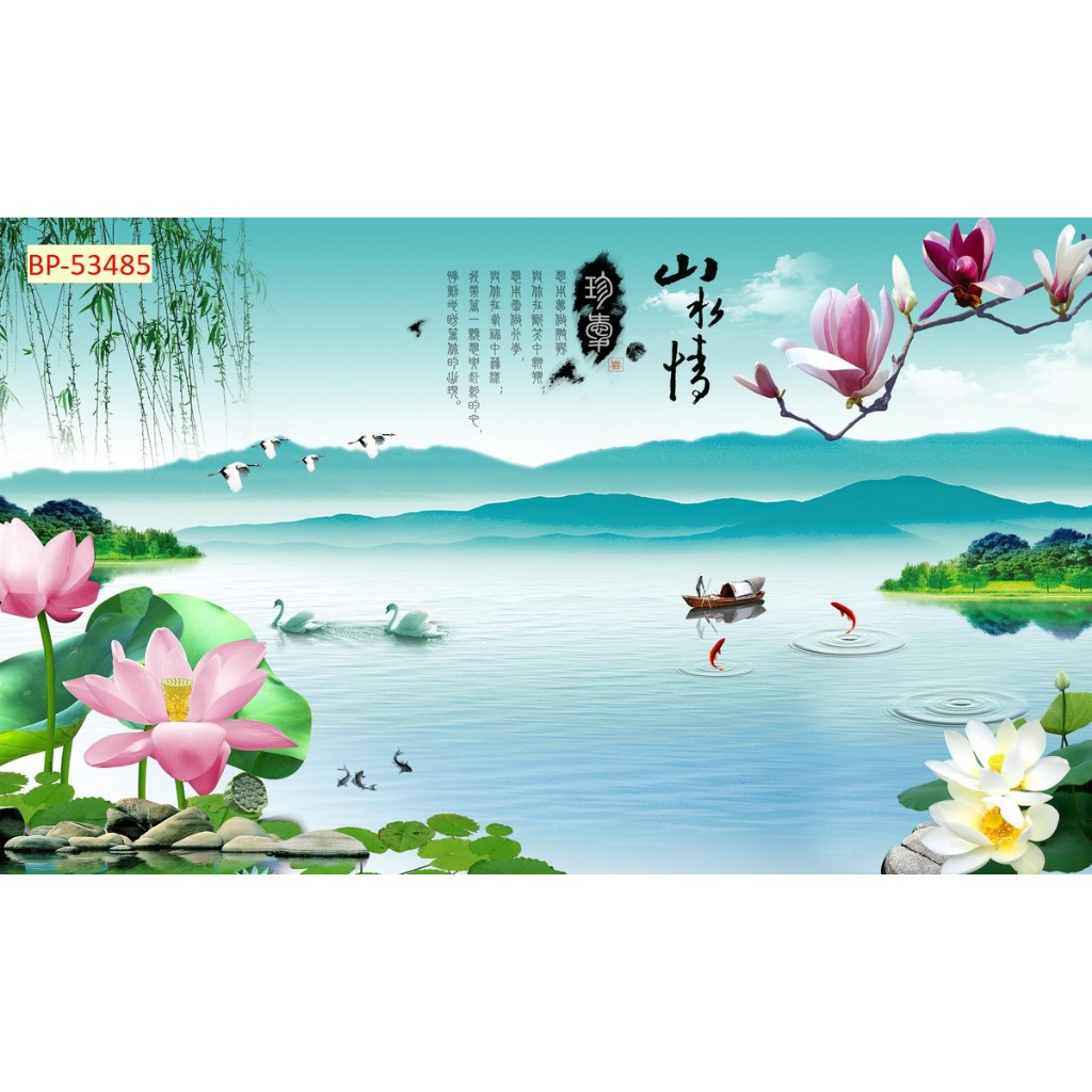 Tranh lụa dán tường thủy mặc, tranh phong cảnh sơn thủy hữu tình