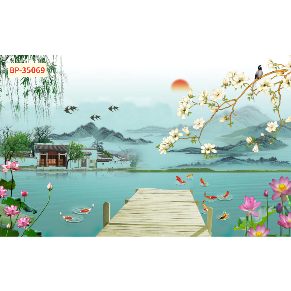 Tranh lụa Thuỷ Mặc núi non, sông nước trang trí nhà thu hút vận may