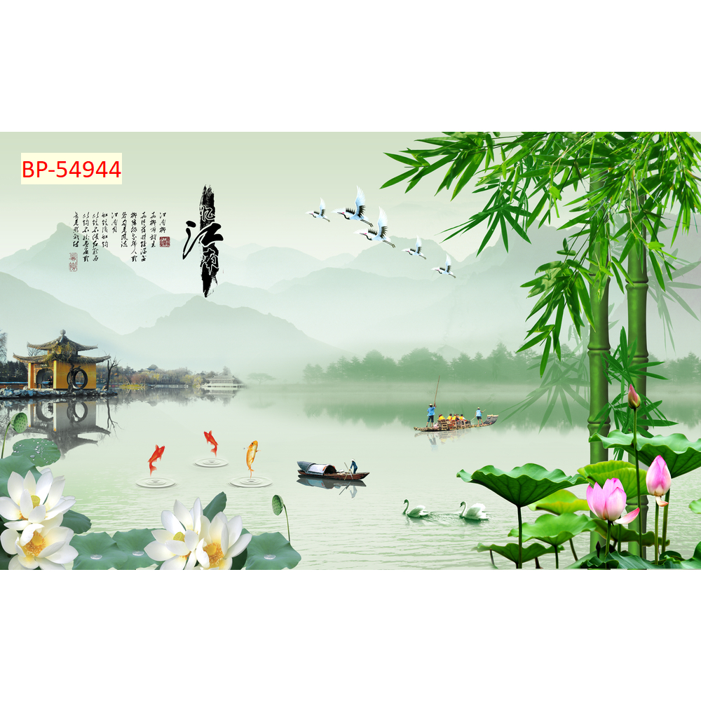 Tranh lụa Thuỷ Mặc núi non, sông nước trang trí nhà thu hút vận may