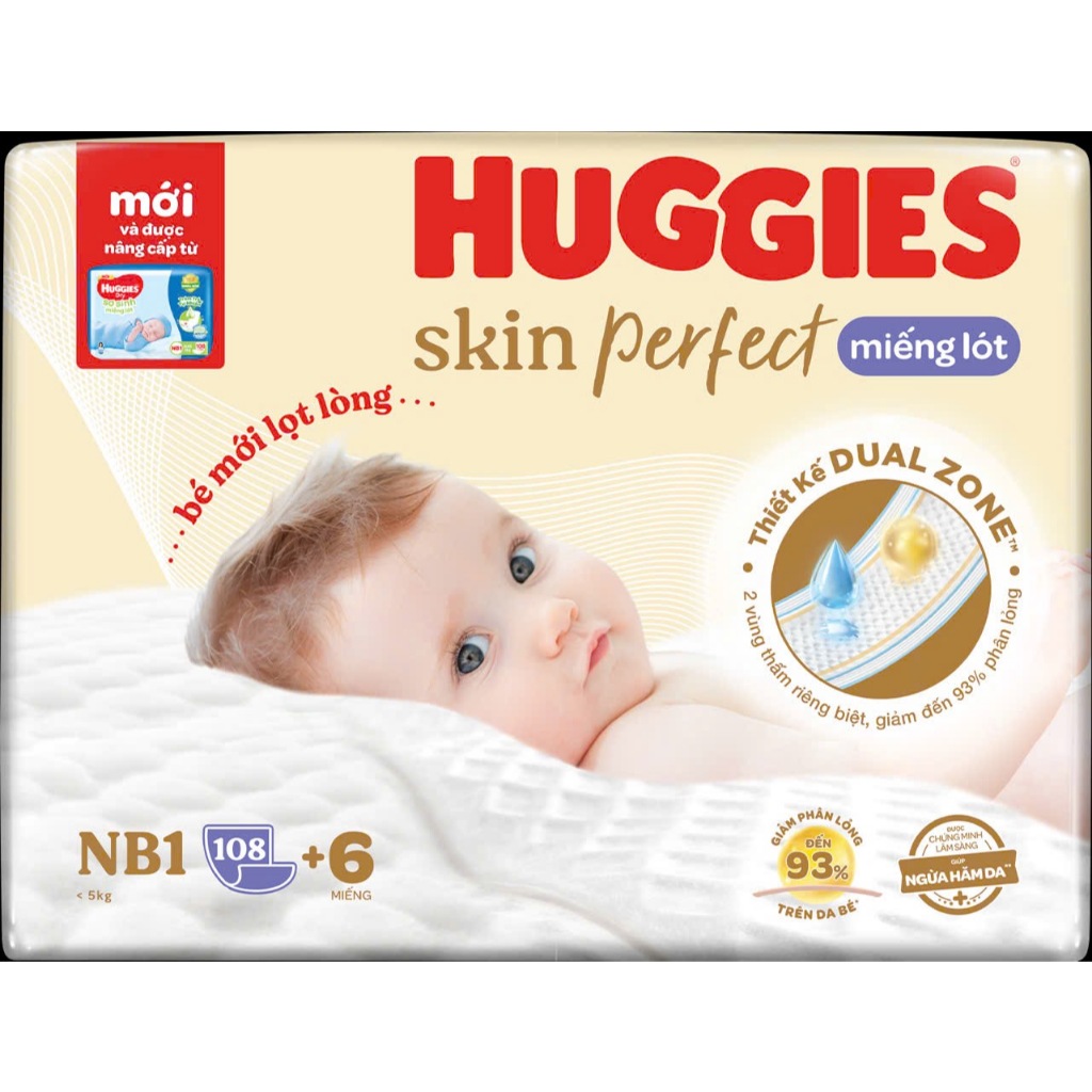 Ảnh Miếng lót sơ sinh Huggies Skin Perfect NB1 108+6 miếng với 2 vùng thấm giảm kích ứng da 1
