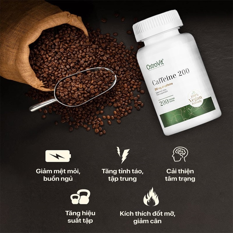 Ostrovit Caffeine 200 mg - Viên Uống Giúp Tỉnh Táo, Tập Trung 200 Viên