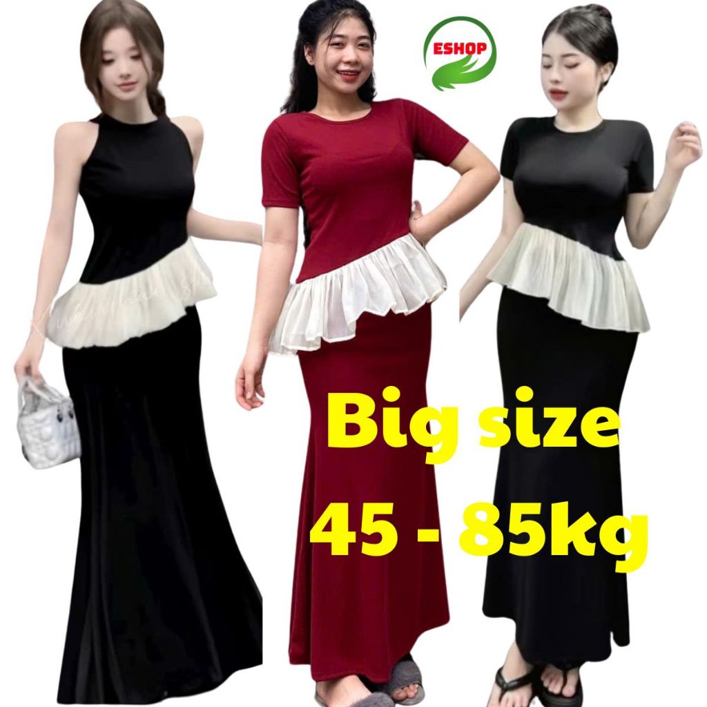 Chân Váy Đuôi Cá Dáng Dài Bigsize Áo Thun Phối Tơ Voan Xéo ESHOP Set Áo Ba Lỗ Phối Bèo Mix Váy M266