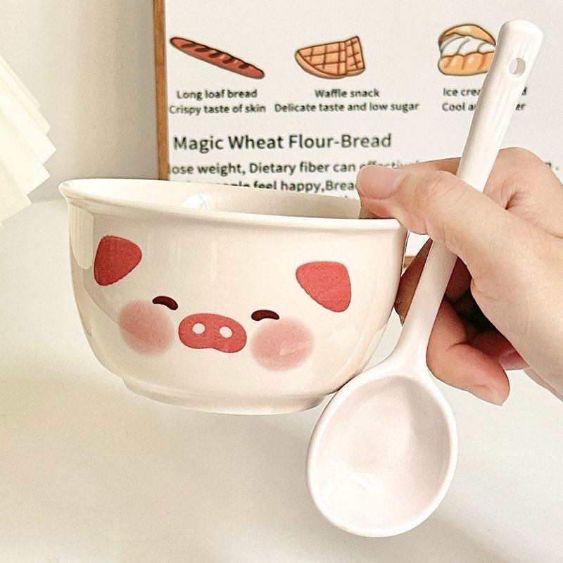 Set bát + thìa lợn hồng vàng