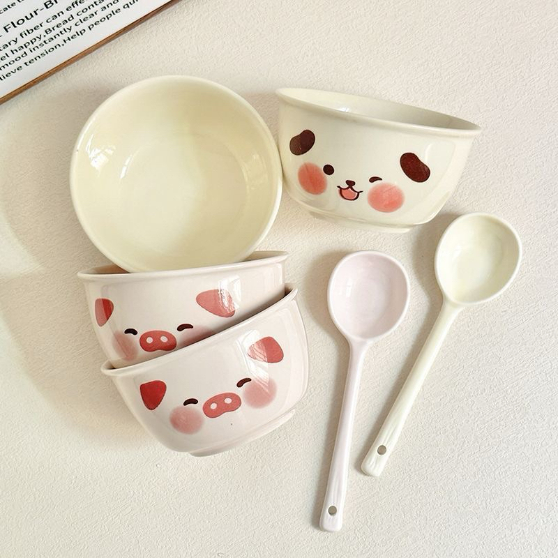 Set bát + thìa lợn hồng vàng