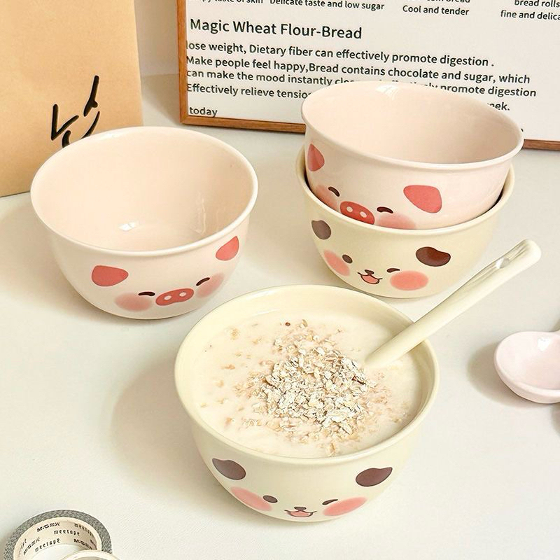 Set bát + thìa lợn hồng vàng