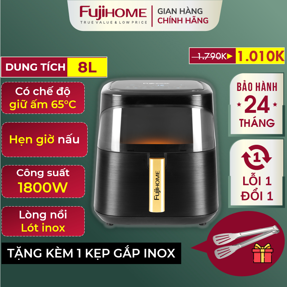 Nồi chiên không dầu điện tử Nhập Khẩu FUJIHOME  A8DG1, Nồi chiên cơ có kính 8L hẹn giờ nấu và nhắc lật trở tặng kẹp gắp